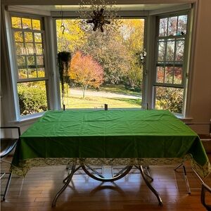 Vintage Bright Green Linen Lace 1960s Tablecloth